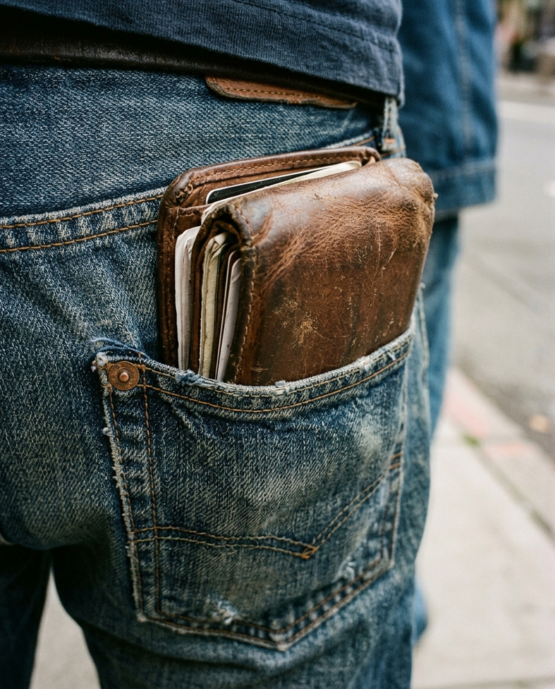 A fat leather bifold bulging from a back pocket