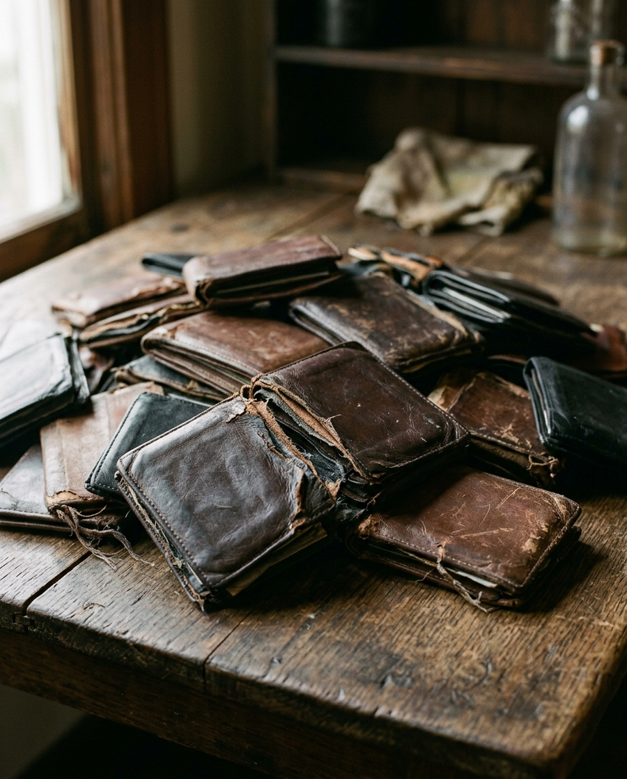 A pile of worn-out leather wallets that didn't last