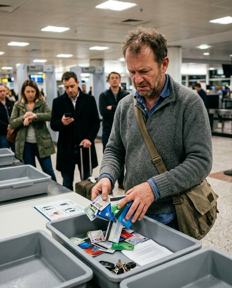 A man fumbling cards at an airport security gate