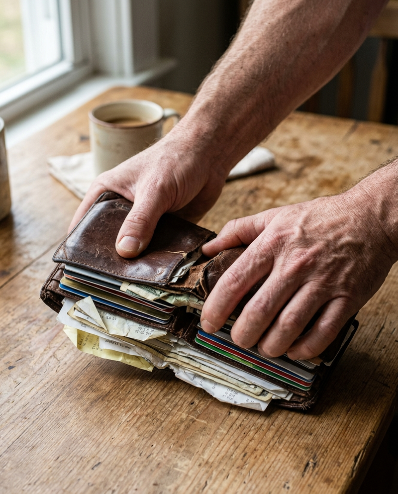 Hands forcing a cracked overstuffed bifold shut