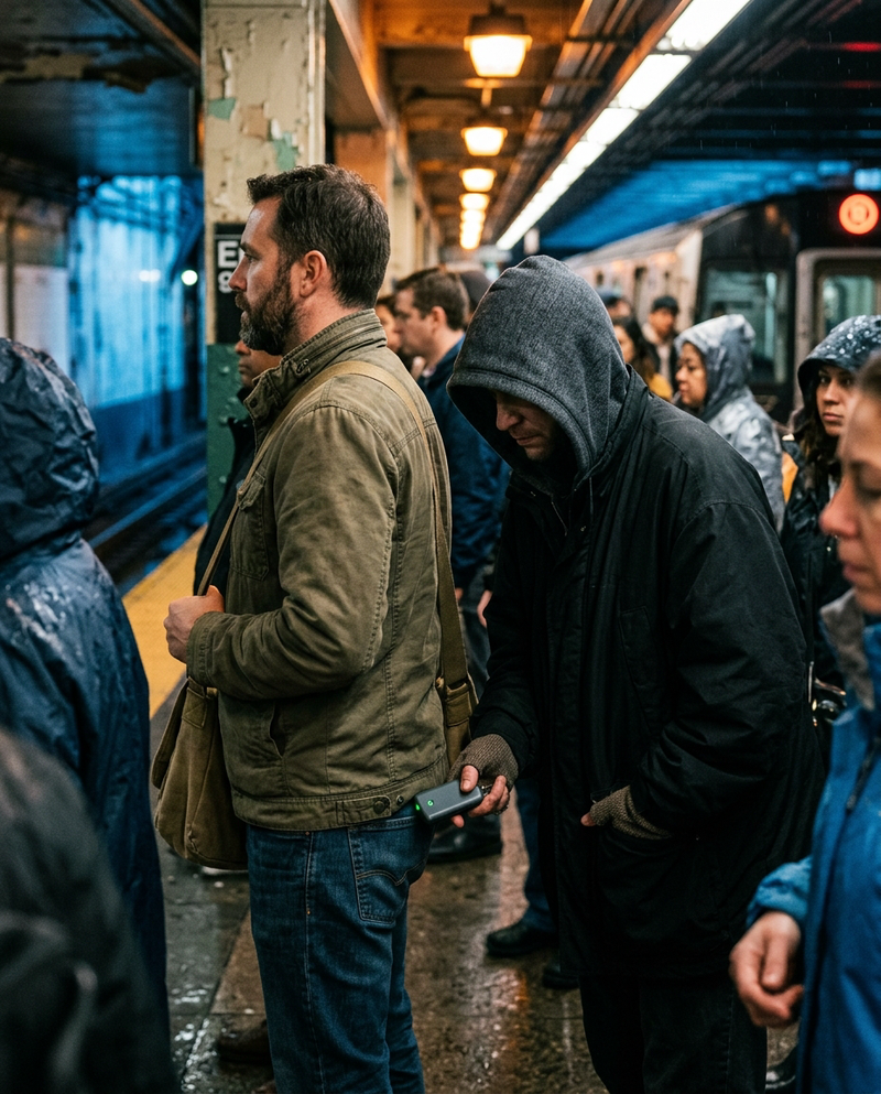 A hidden card scanner near a man's pocket in a crowd