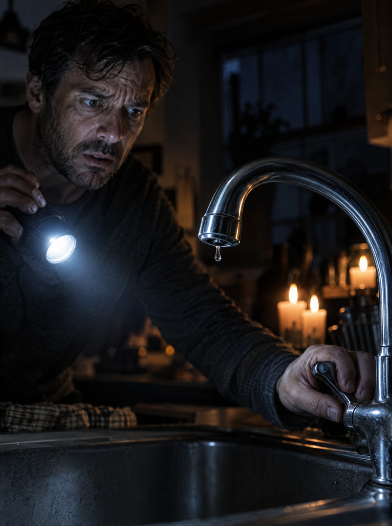 A worried man at a dead faucet during a blackout