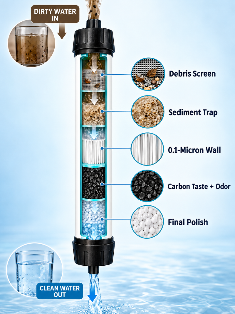 Pond water in the top, clean water out the bottom