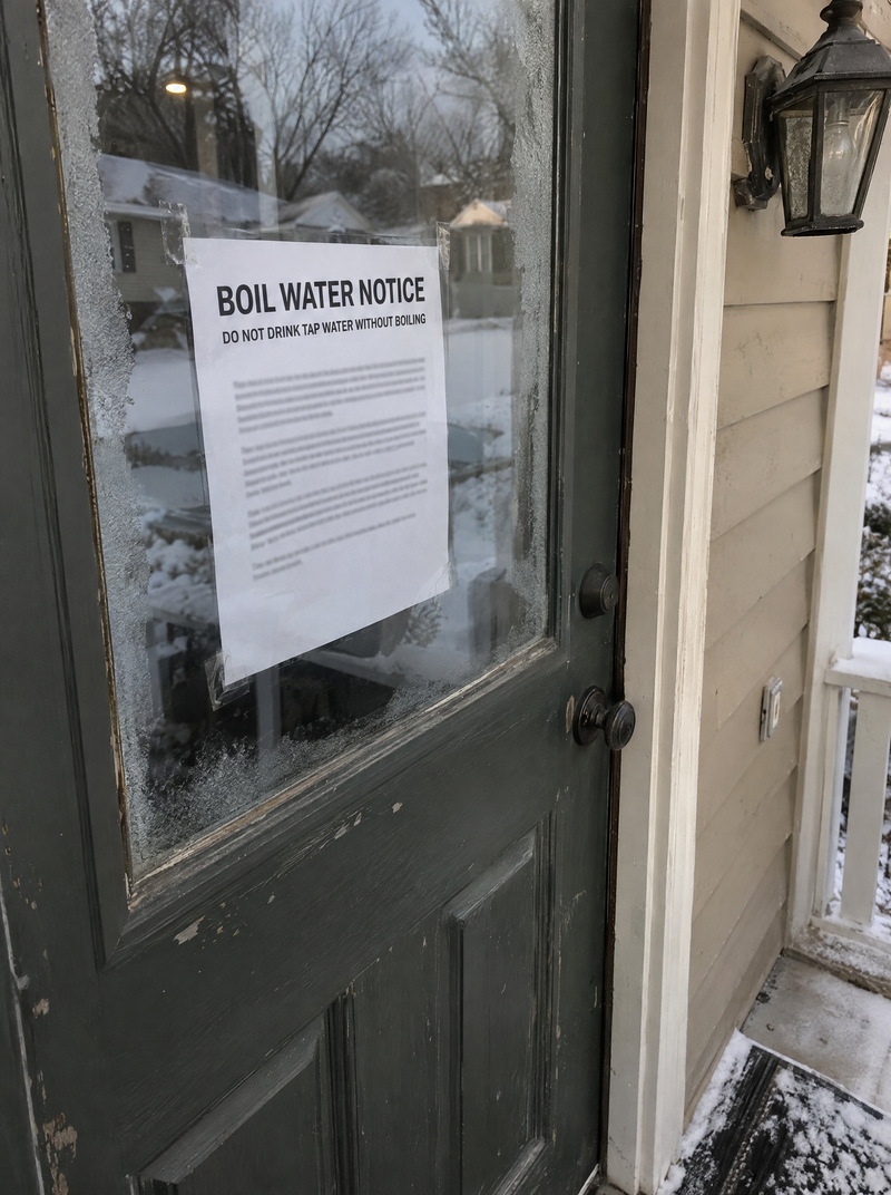 A boil water notice taped to a front door