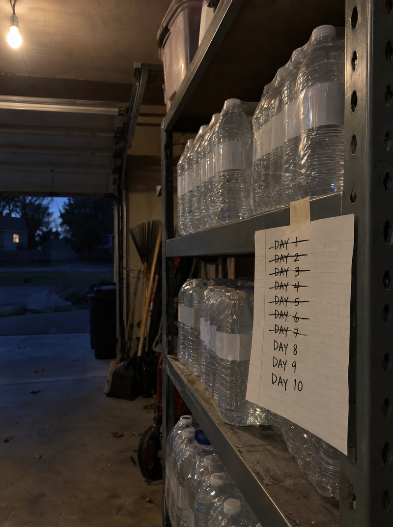 A garage shelf of bottled water with a handwritten day countdown