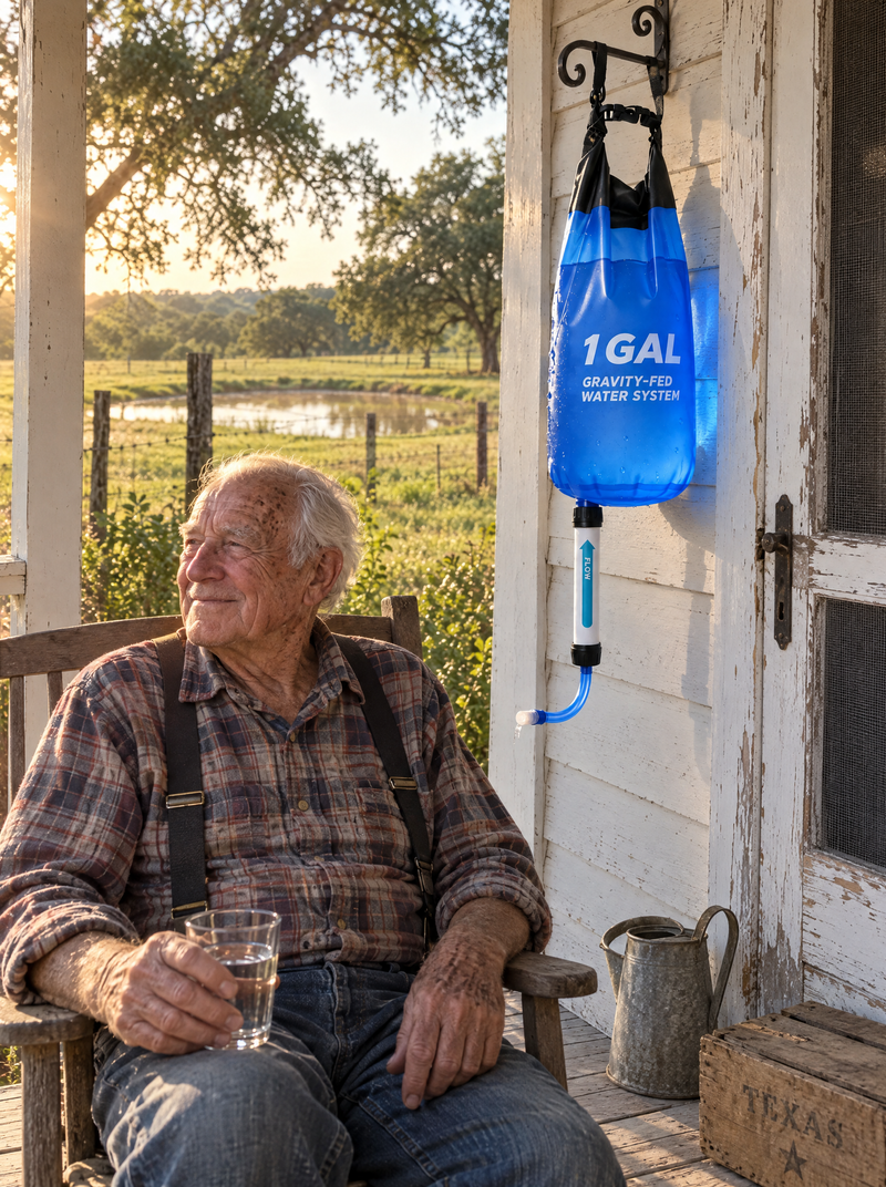 Dad on his back porch with his AquaVault hanging by the door