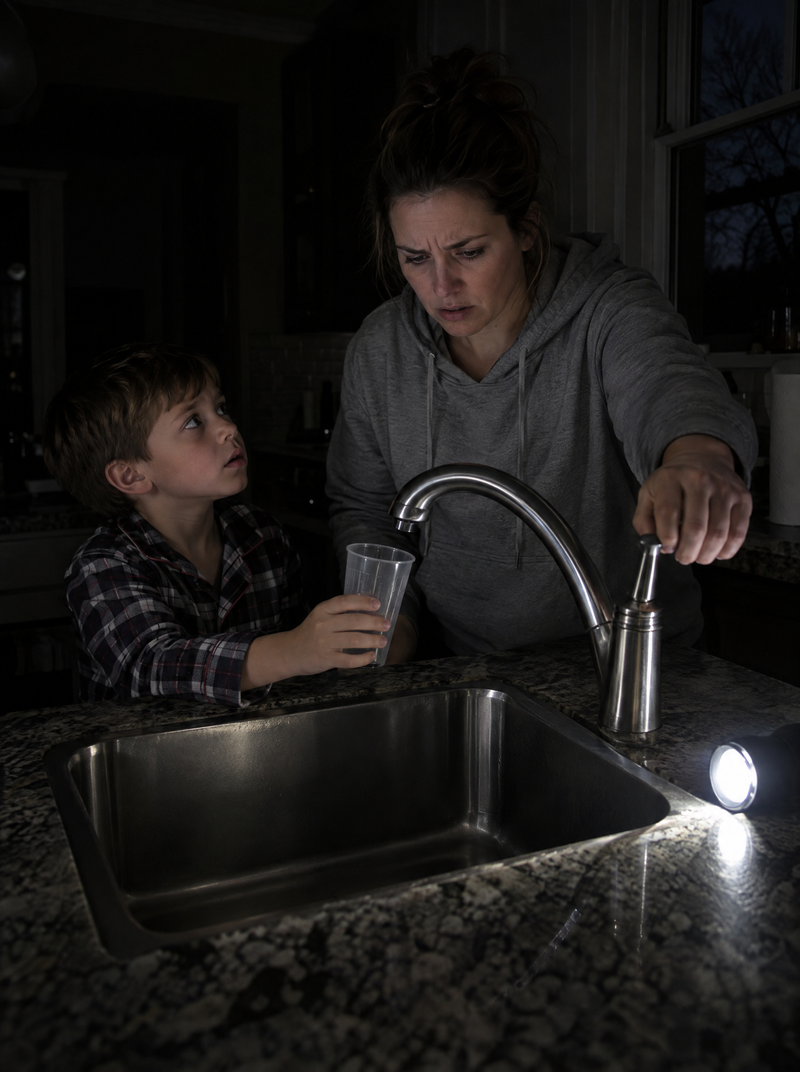 A mother turns the kitchen faucet at night and nothing comes out