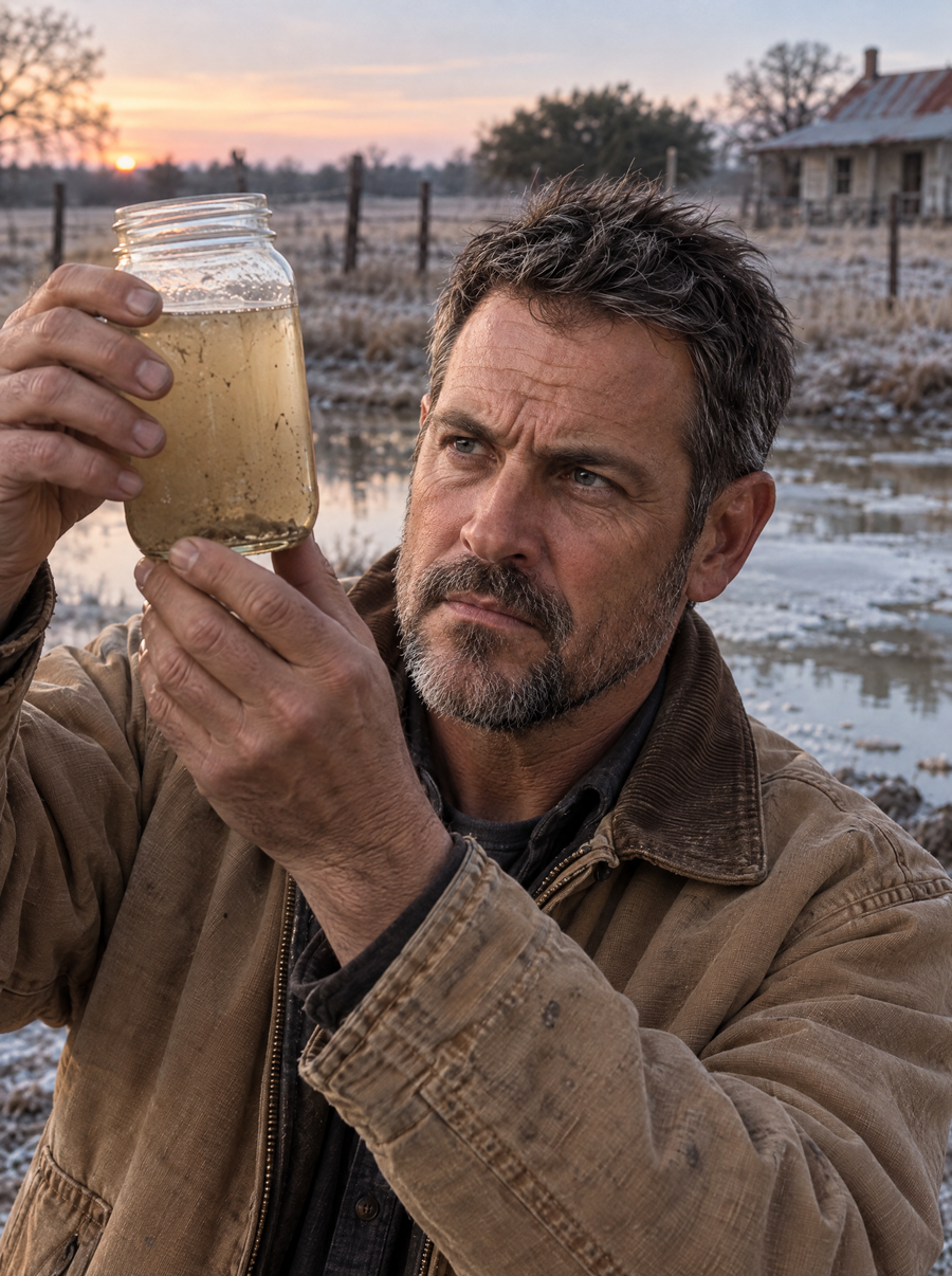 A former water plant operator holds a jar of cloudy pond water up to the light
