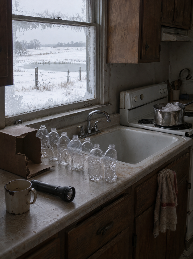 Dad's kitchen on day three of the freeze: empty bottles and a pot of melted snow