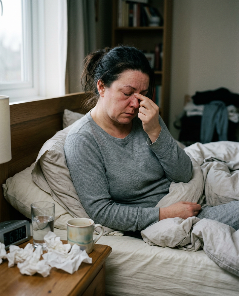 A woman waking up congested and tired