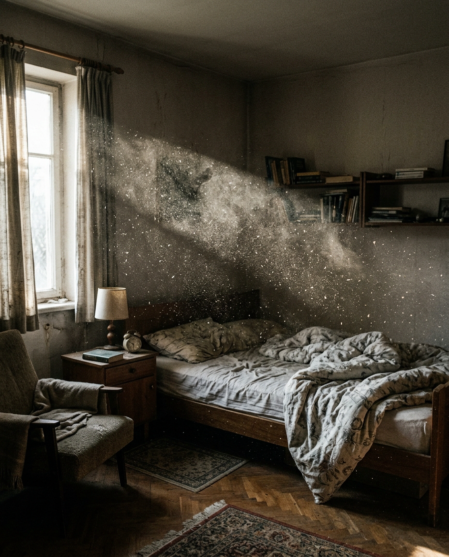 A beam of morning light revealing dust floating in a bedroom