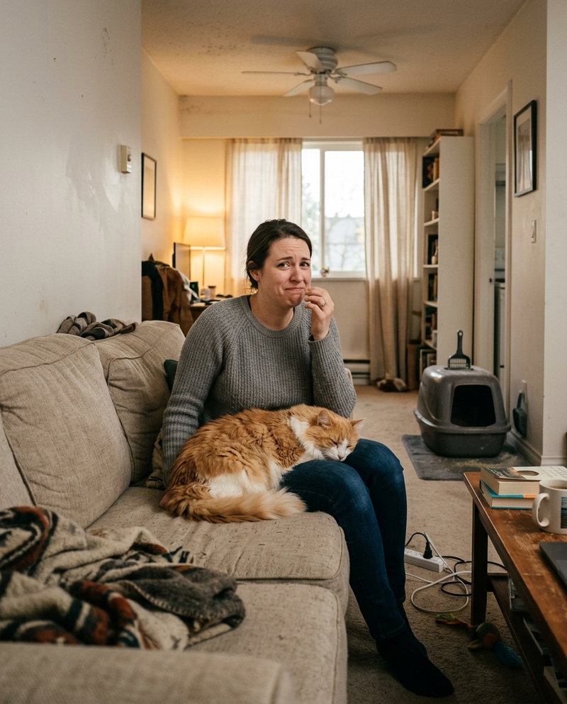 A pet owner at home noticing odor