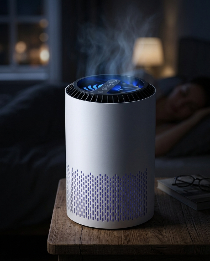 The Breeva air purifier on a nightstand