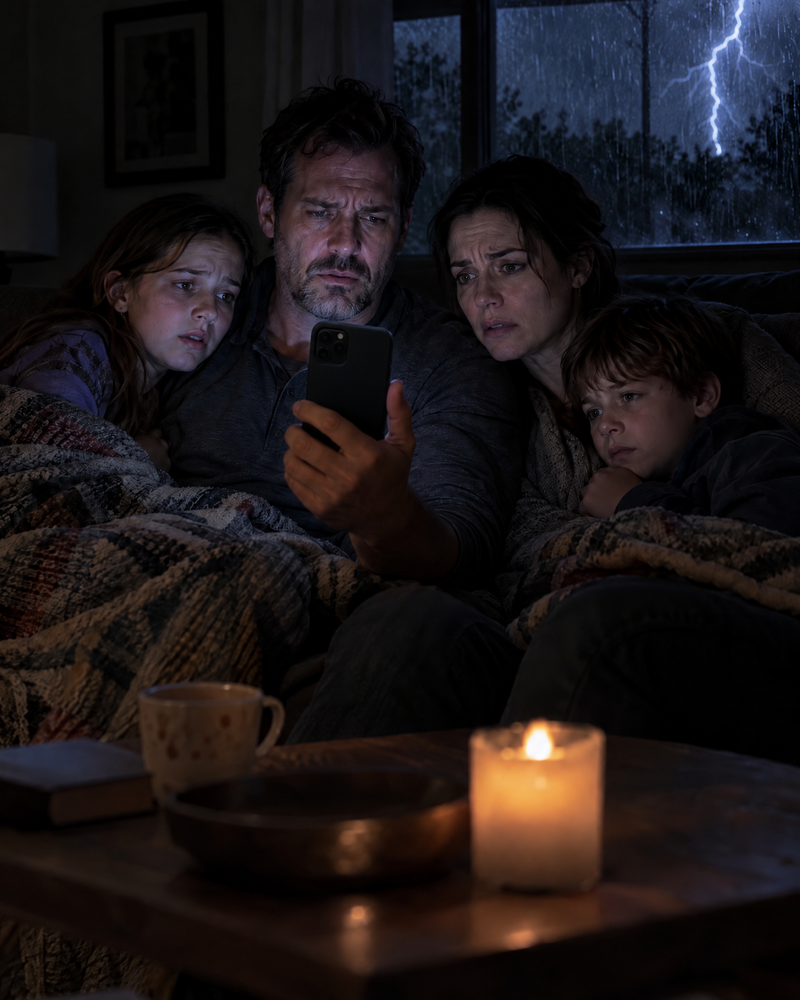 A family in a dark living room staring at a phone with no service