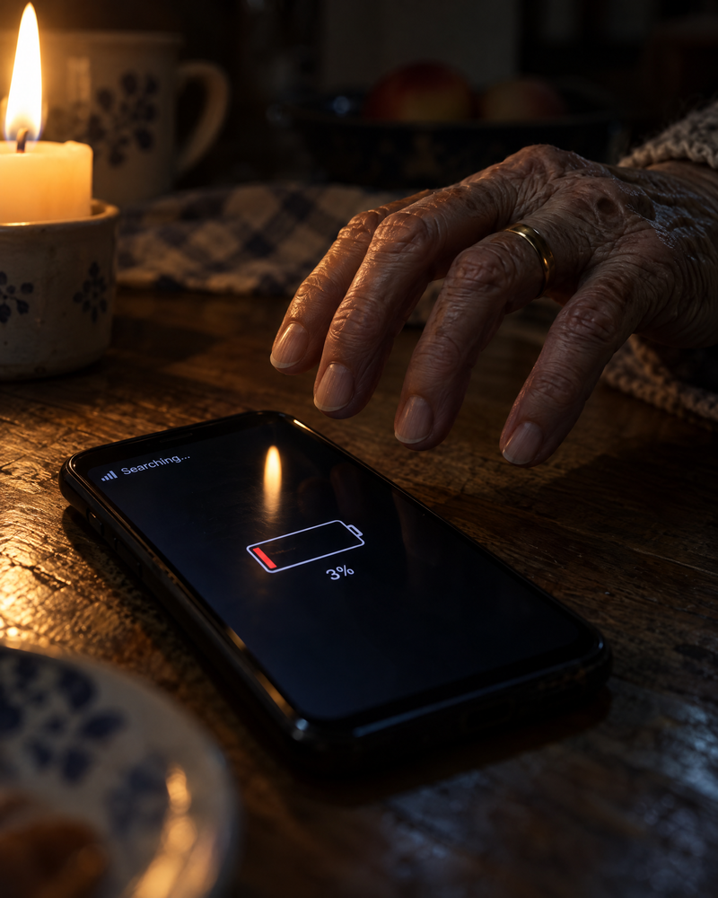 A phone searching for signal at 3% battery in a dark room