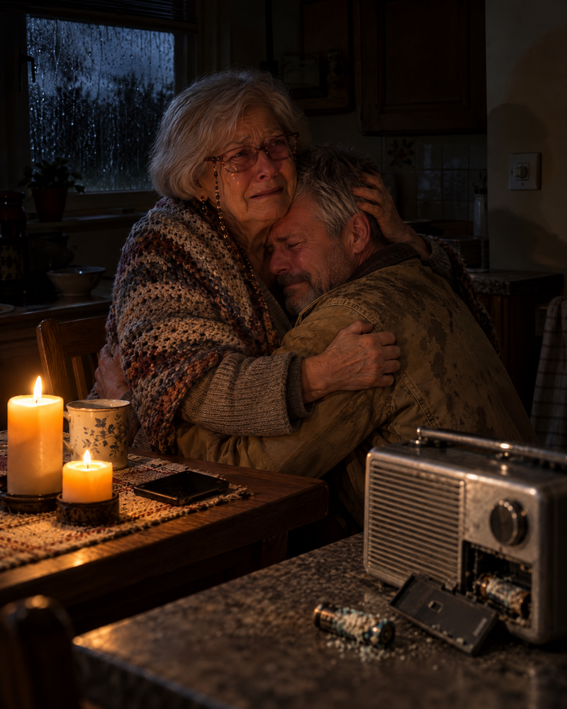 Mom's dark kitchen on day four: candles and a dusty old radio with dead batteries
