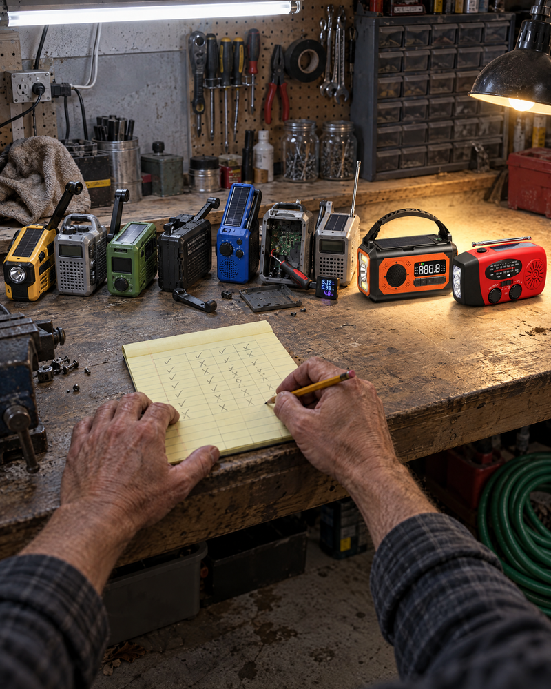 Nine emergency radios lined up on a garage workbench for testing