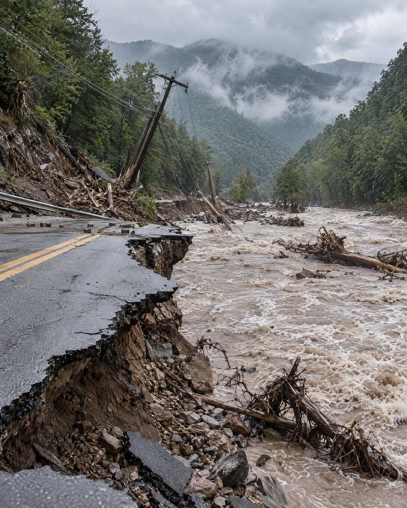A washed-out mountain road with downed power lines after the storm