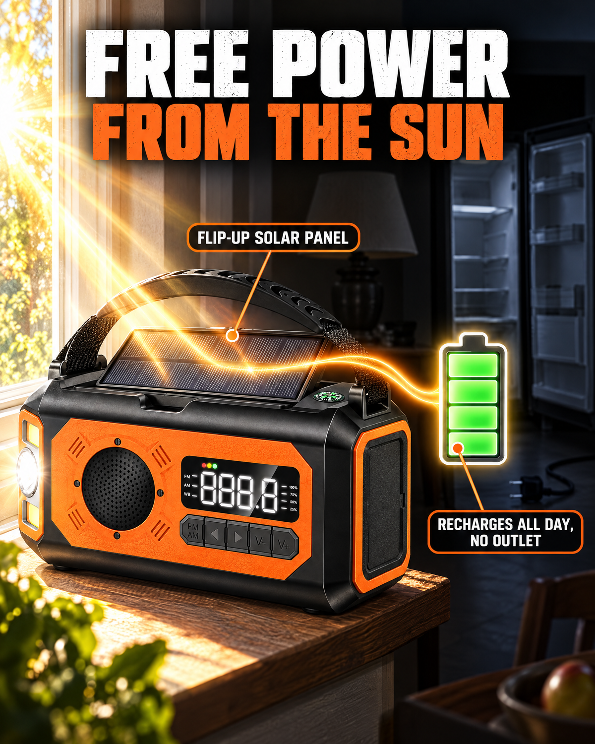 Free power from the flip-up solar panel
