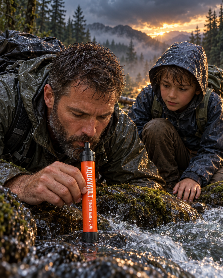 Drinking straight from a creek with the AquaVault Straw