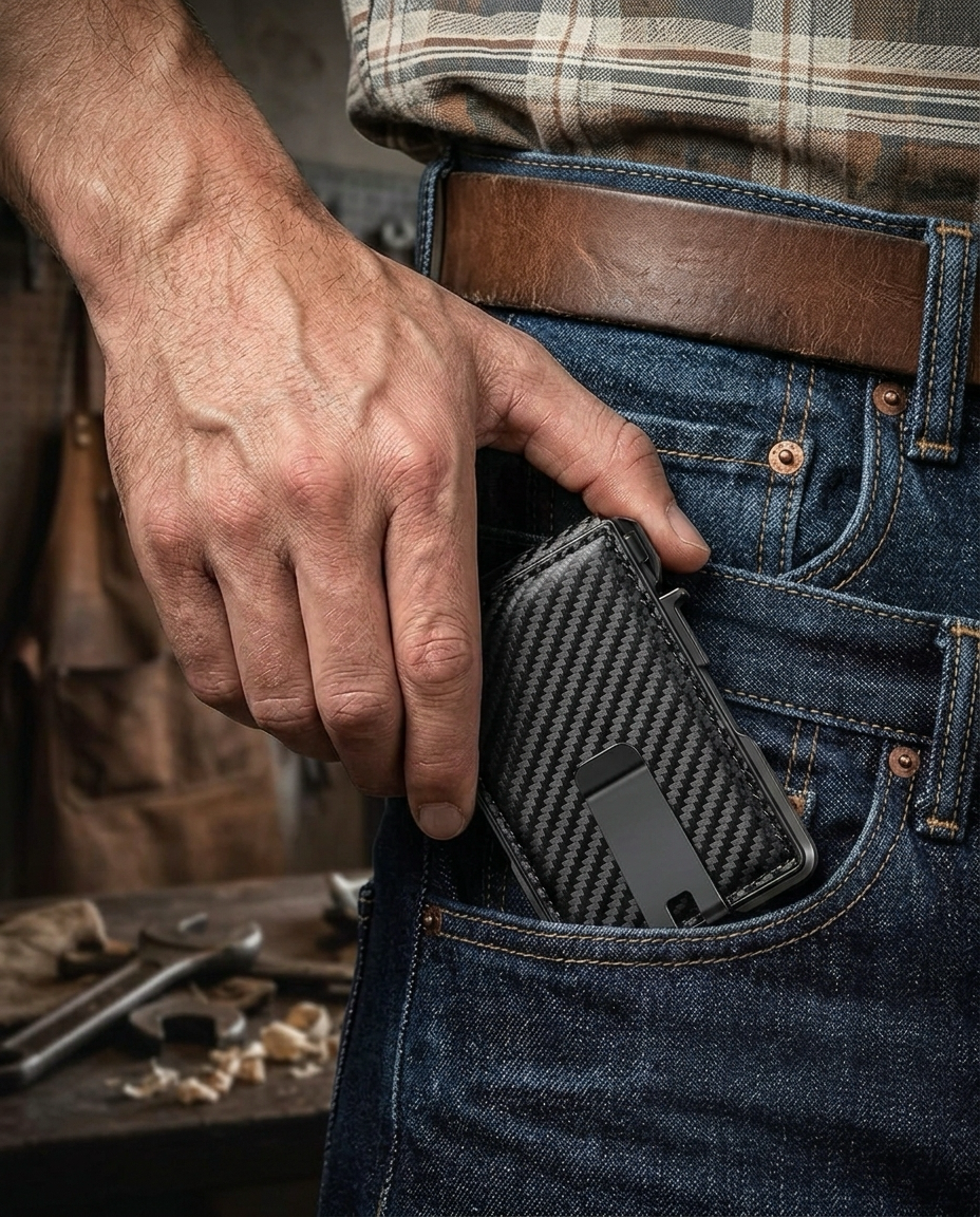 Command Pro carbon-fiber wallet slid into a front jeans pocket